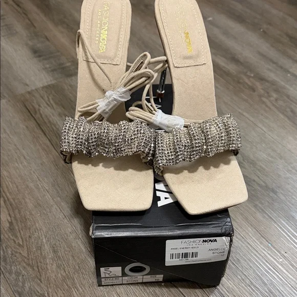Fashion Nova Stone Embellished Beige Strappy Heels - Picture 1 of 3